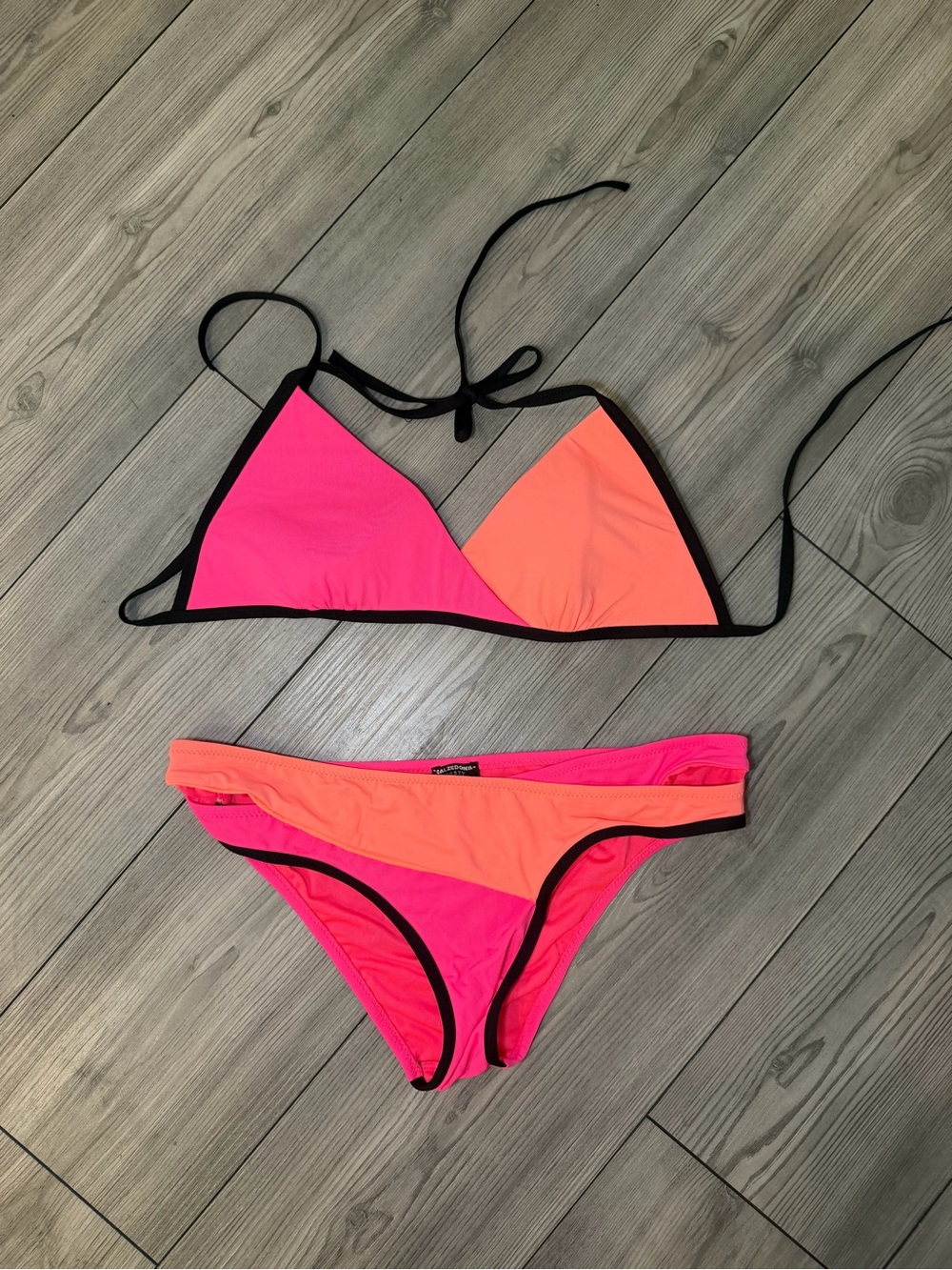 Calzedonia Neon Pink & Coral Contrast Triangle Bikini with Black Trim size small